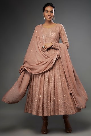 Nude Pink Georgette Chikankari Embroidered Anarkali Set by FATIZ