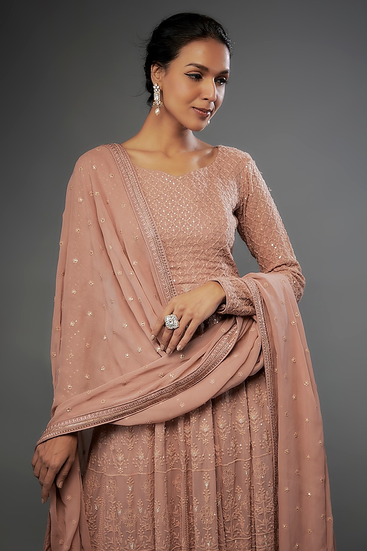 Nude Pink Georgette Chikankari Embroidered Party Wear Anarkali Set by FATIZ at Pernia's Pop Up Shop