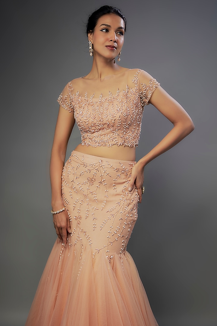 Rose Gold Tulle Crystal Embellished Mermaid Skirt Set by FATIZ at Pernia's Pop Up Shop