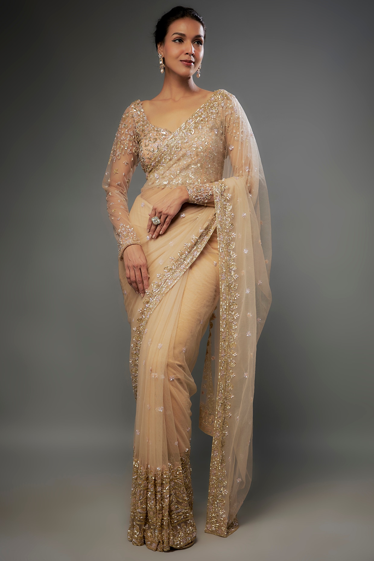 Champagne Silk & Shimmer Net Pre-Draped Saree Set Design by 431-88 By  Shweta Kapur at Pernia's Pop Up Shop 2024