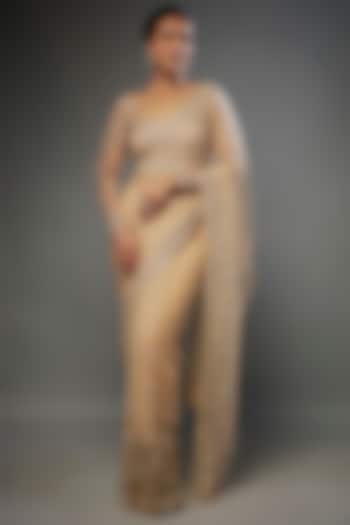 Champagne Gold Tulle Crystal Embellished Reception Saree Set by FATIZ at Pernia's Pop Up Shop