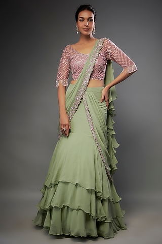 Sage Green Georgette Layered Draped Saree Set by FATIZ