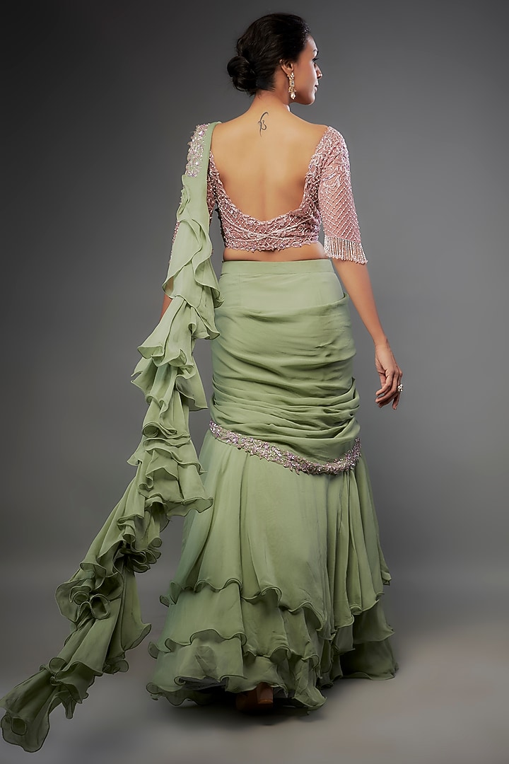 Sage Green Georgette Layered Draped Wedding Saree Set by FATIZ at Pernia's Pop Up Shop