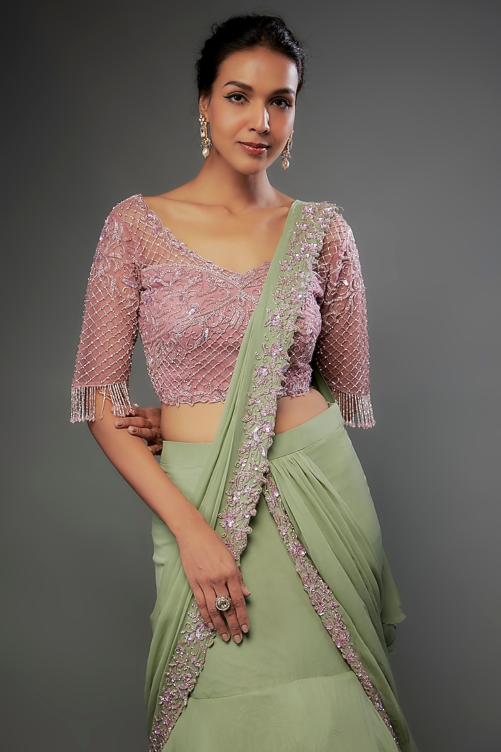 Sage Green Georgette Layered Draped Wedding Saree Set by FATIZ at Pernia's Pop Up Shop