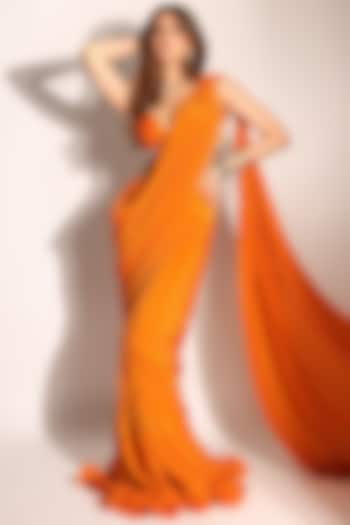 Orange Crepe Pleated Ruffled Saree Set by Anshika Tak Label