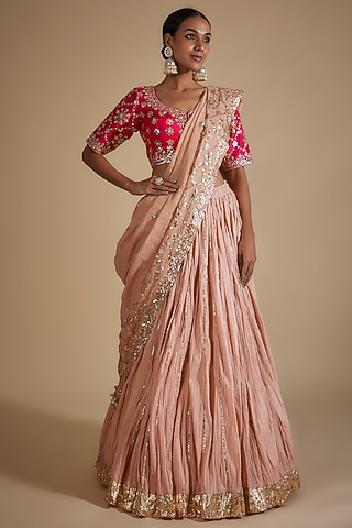 Peach Cotton Gota Work Lehenga Set by Faabiiana