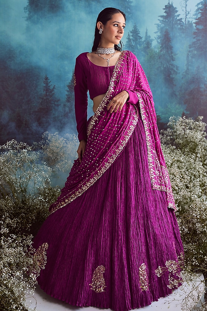 Purple Silk Mukaish Embroidered Bridal Lehenga Set by Faabiiana at Pernia's Pop Up Shop