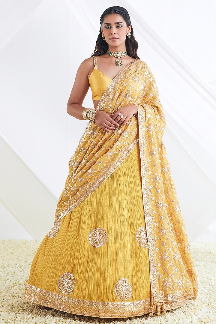 Mustard Silk Gota Embroidered Crushed Bridal Lehenga Set by Faabiiana at Pernia's Pop Up Shop