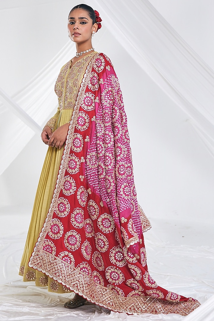 Mehendi Green Chanderi Cotton Bridal Anarkali Set by Faabiiana at Pernia's Pop Up Shop