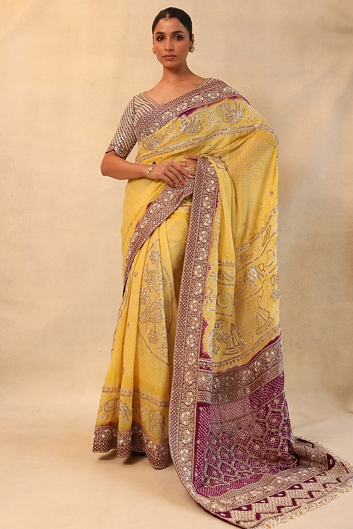 Yellow Banarasi Georgette Bandhani Bridal Saree Set by Faabiiana at Pernia's Pop Up Shop