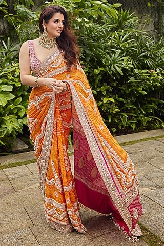 Orange & Rani Pink Georgette Saree Set by Faabiiana