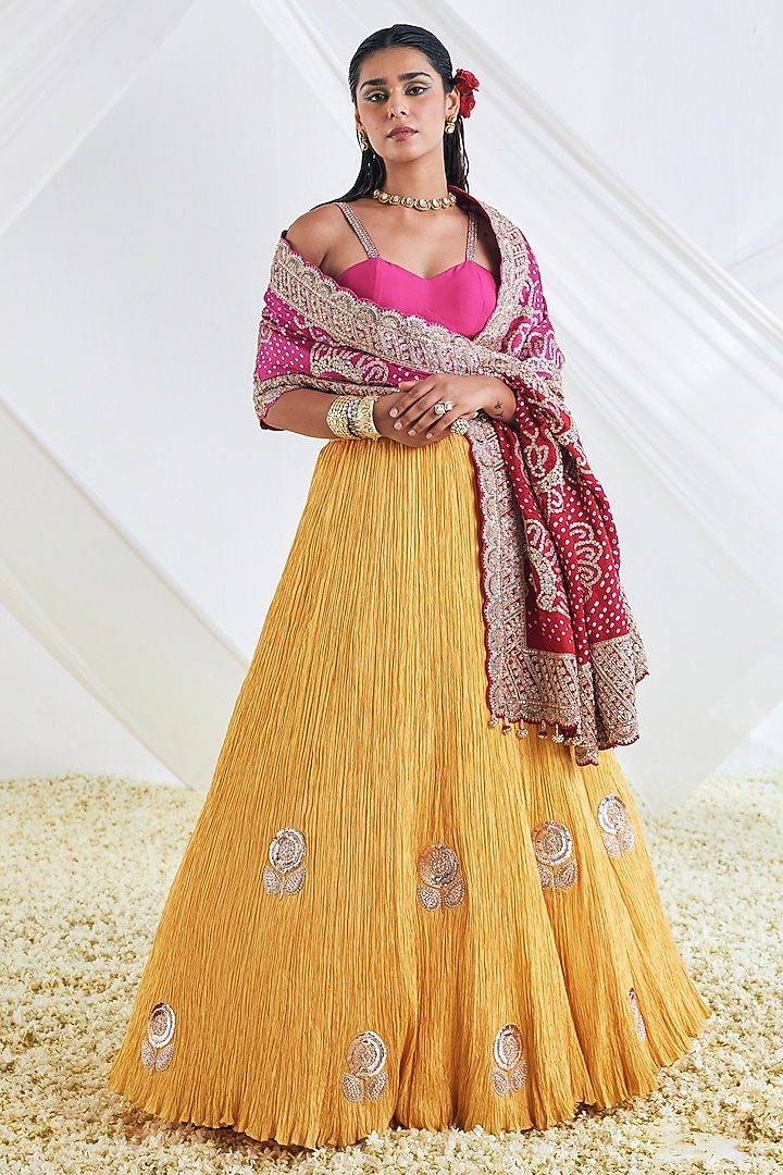 Mustard Crushed Silk Bridal Lehenga Set by Faabiiana at Pernia's Pop Up Shop