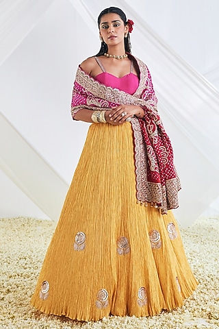 Mustard Crushed Silk Lehenga Set by Faabiiana