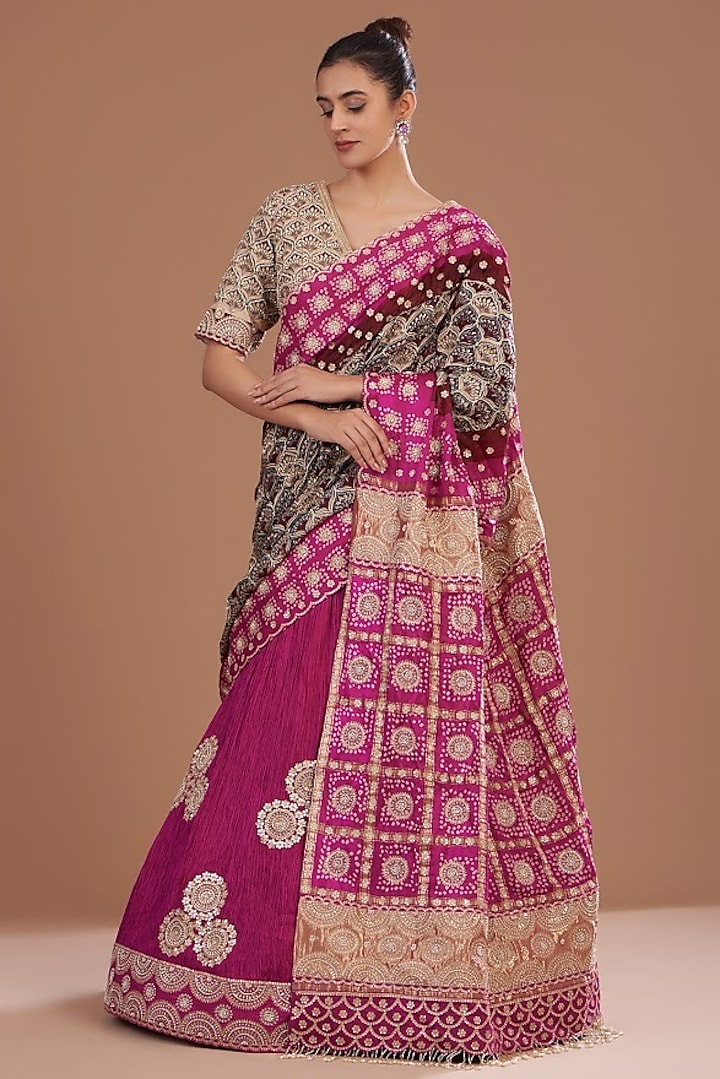 Magenta Silk Crushed Bridal Lehenga Set by Faabiiana at Pernia's Pop Up Shop