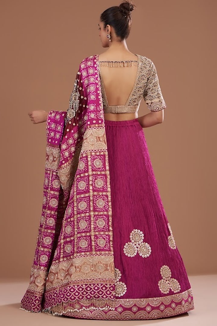 Magenta Silk Crushed Bridal Lehenga Set by Faabiiana at Pernia's Pop Up Shop