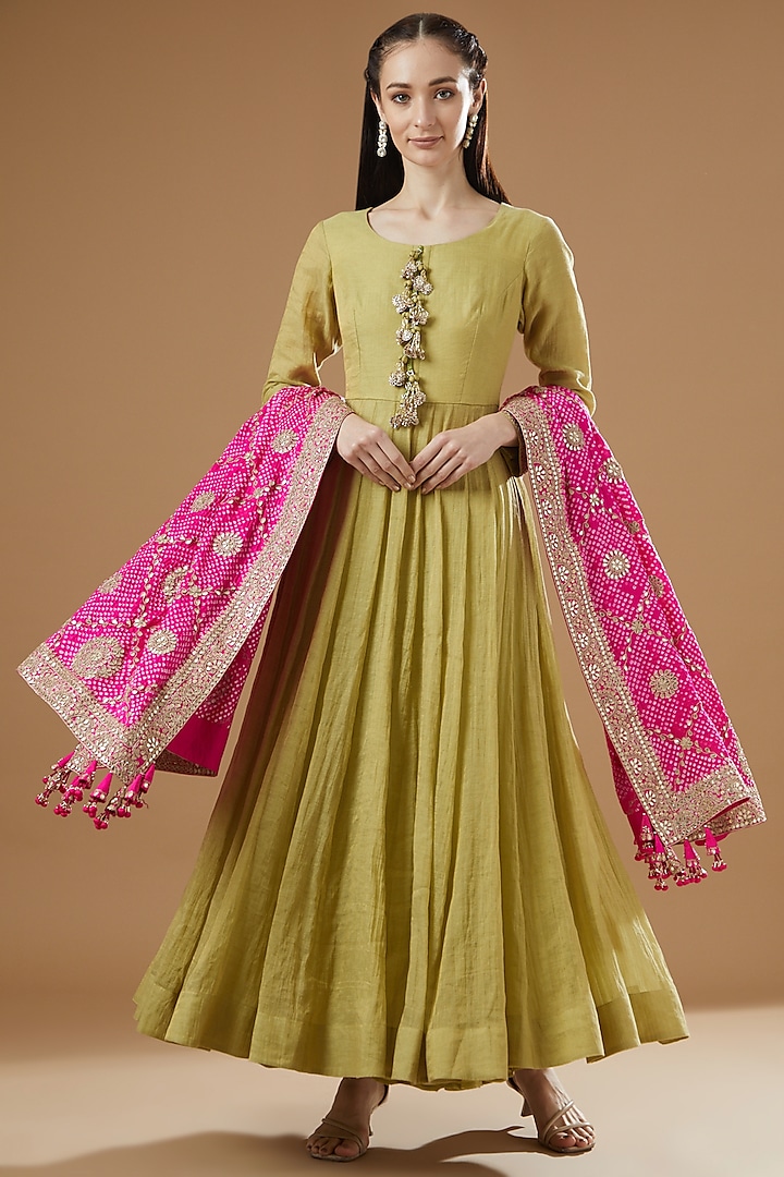 Light Olive Green Chanderi Cotton Anarkali Set by Faabiiana