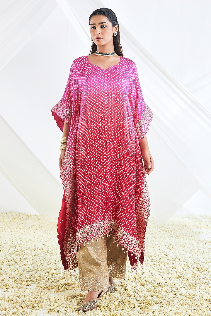 Red-Pink Gajji Silk Ombre Kaftan Set by Faabiiana at Pernia's Pop Up Shop