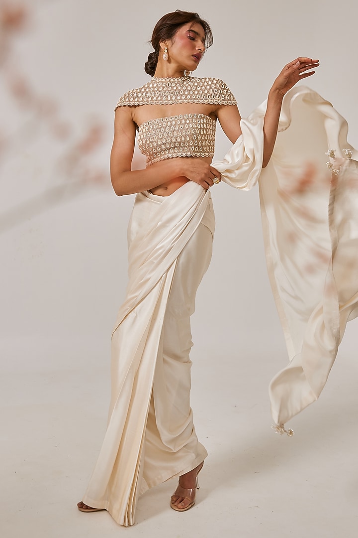Ivory Satin Silk Reception Saree Set by Faabiiana at Pernia's Pop Up Shop