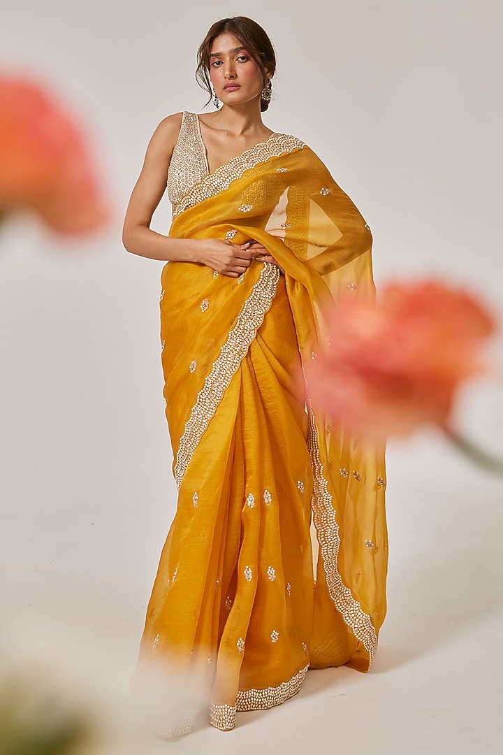 Mustard Organza Reception Saree Set by Faabiiana at Pernia's Pop Up Shop