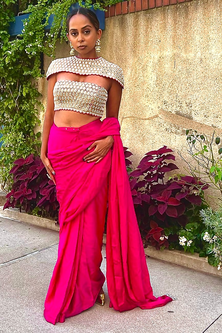Pink Satin Silk Reception Saree Set by Faabiiana at Pernia's Pop Up Shop