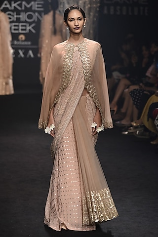 Dusty Pink Lucknawi Embroidered Saree Bikini Top and Cape Set by Faabiiana