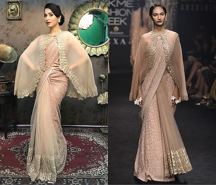 Dusty pink lucknawi embroidered saree bikini top and cape set available only at Pernia's Pop Up Shop.