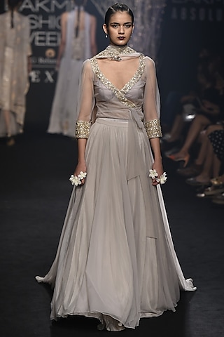 Grey Kalidaar Embroidered Lehenga and Wrap Blouse Set by Faabiiana