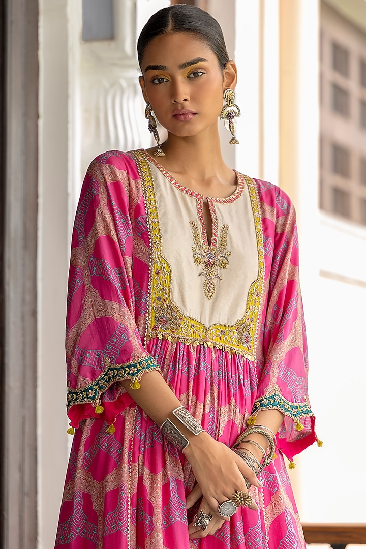 Hot Pink Silk Hand Embroidered Kurta Set by Raji ramniq at Pernia's Pop Up Shop