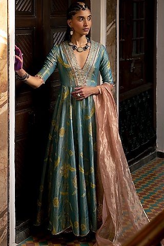 Moonlight Blue Tissue Silk Printed Anarkali Set by Raji Ramniq