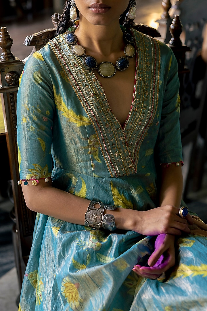 Moonlight Blue Tissue Silk Printed Wedding Anarkali Set by Raji Ramniq at Pernia's Pop Up Shop