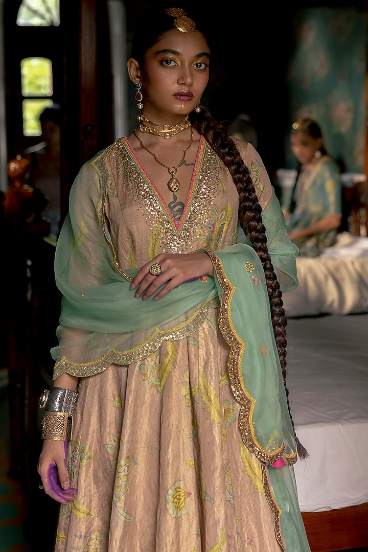 Nude Pink Tissue Silk Printed & Embroidered Wedding Anarkali Set by Raji Ramniq at Pernia's Pop Up Shop