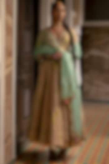 Nude Pink Tissue Silk Printed & Embroidered Wedding Anarkali Set by Raji Ramniq at Pernia's Pop Up Shop