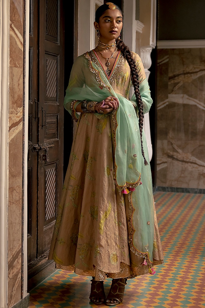 Nude Pink Tissue Silk Printed & Embroidered Wedding Anarkali Set by Raji Ramniq at Pernia's Pop Up Shop