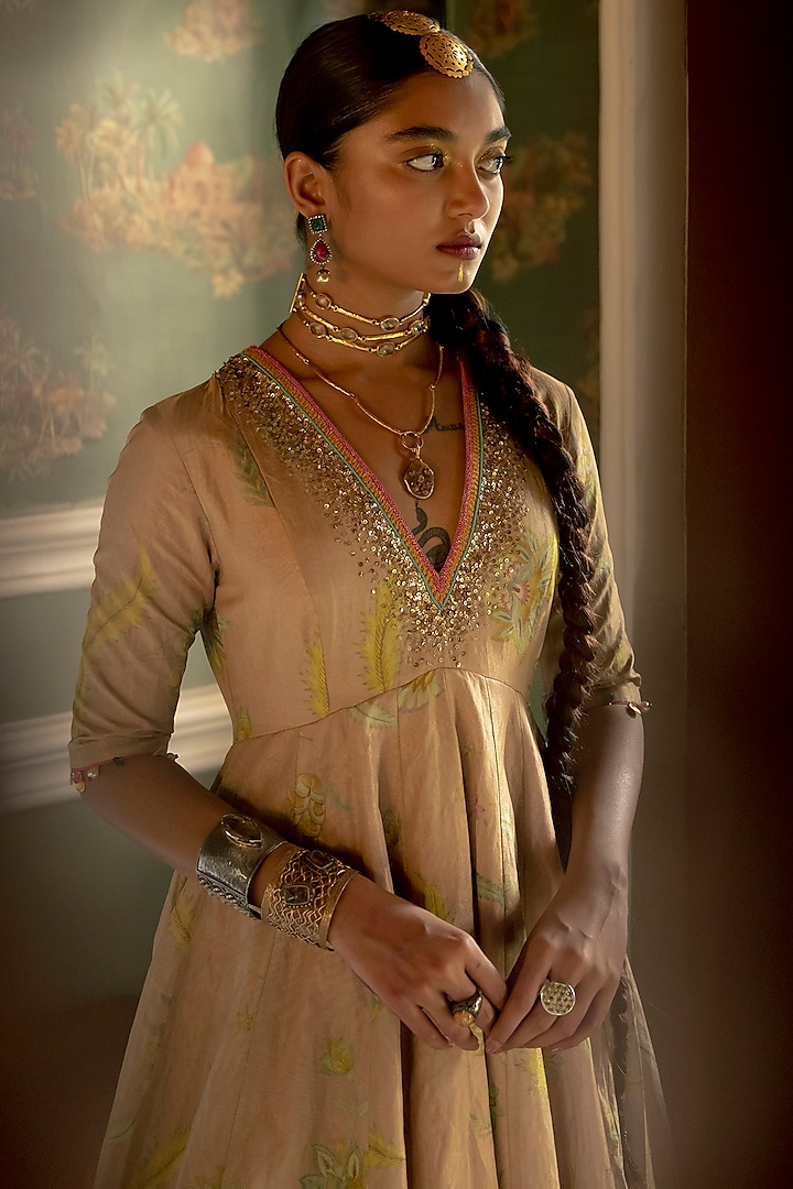 Nude Pink Tissue Silk Printed & Embroidered Wedding Anarkali Set by Raji Ramniq at Pernia's Pop Up Shop