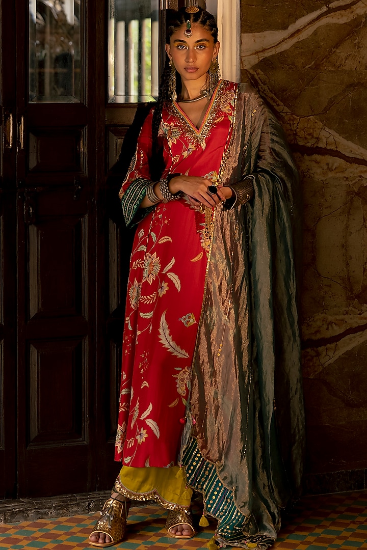 Red Silk Embroidered & Printed Kurta Set by Raji ramniq