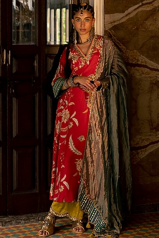 Red Silk Embroidered & Printed Kurta Set by Raji ramniq