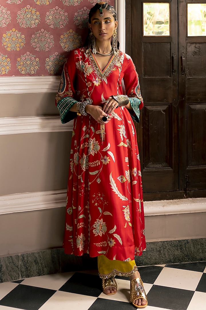 Red Silk Embroidered & Printed Kurta Set by Raji ramniq at Pernia's Pop Up Shop