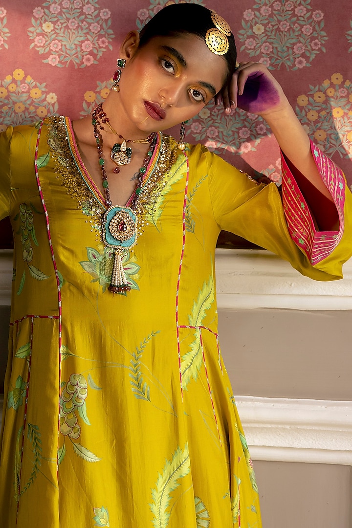 Lime Yellow Silk Printed & Embroidered Kurta Set by Raji ramniq at Pernia's Pop Up Shop