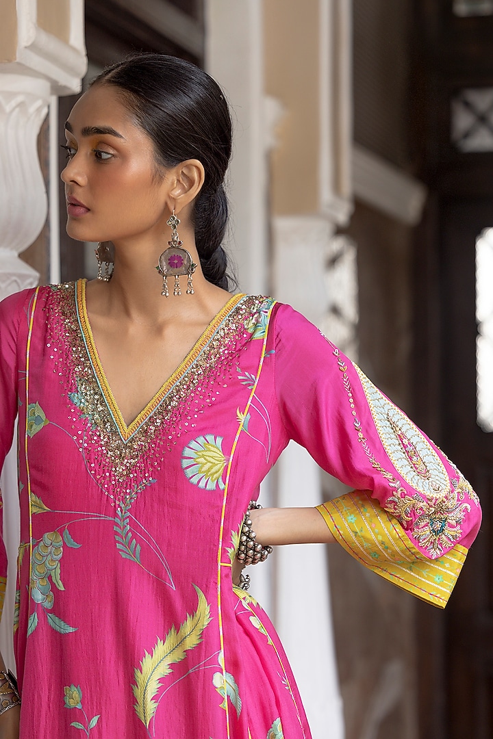Hot Pink Silk Embroidered & Printed Kurta Set by Raji ramniq at Pernia's Pop Up Shop