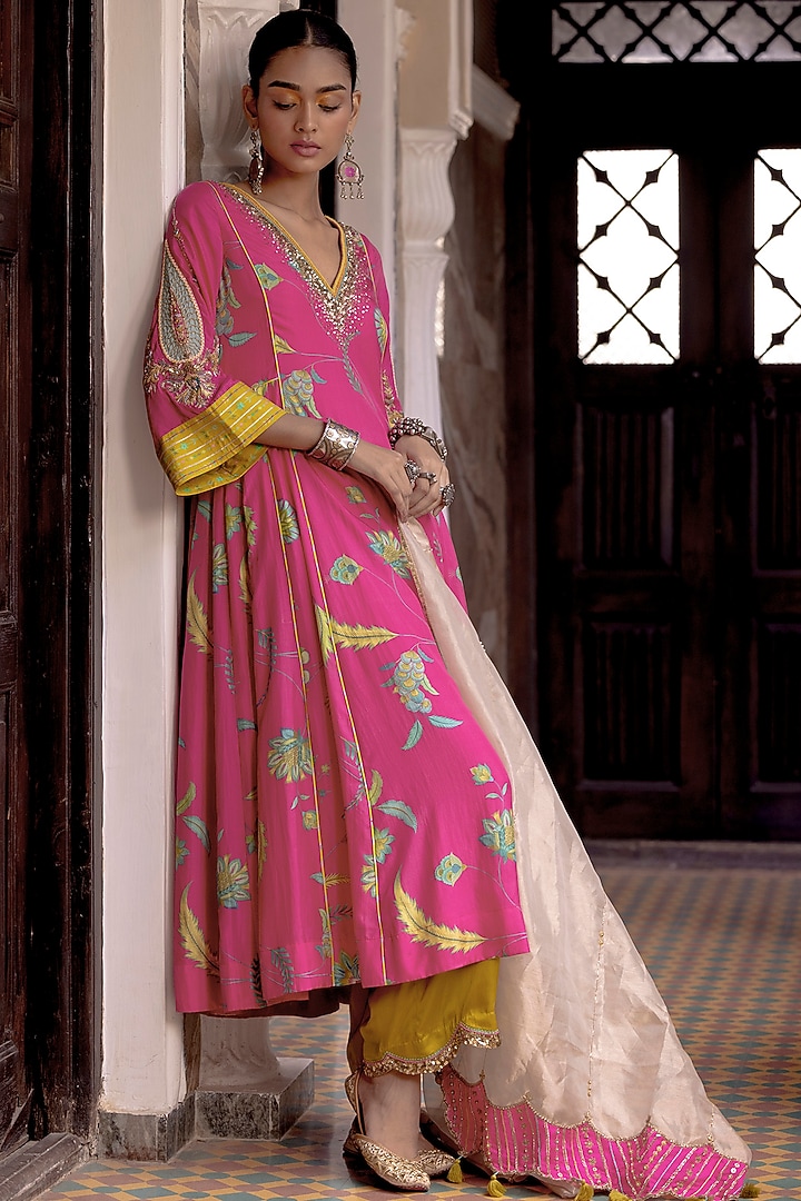 Hot Pink Silk Embroidered & Printed Kurta Set by Raji ramniq at Pernia's Pop Up Shop