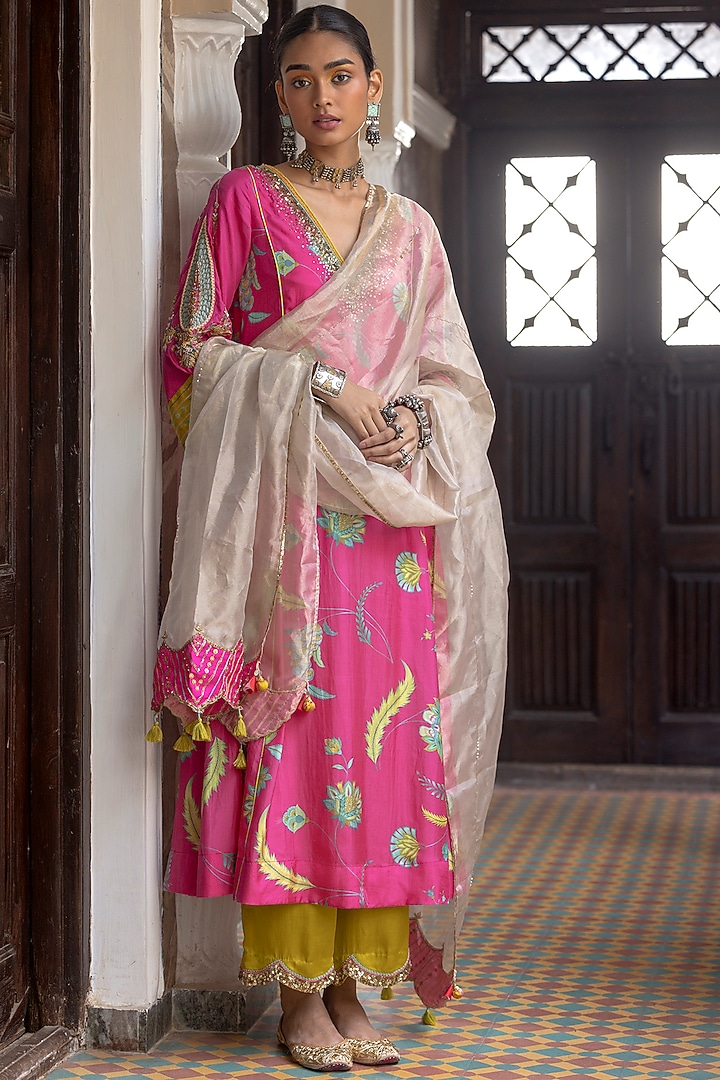 Hot Pink Silk Embroidered & Printed Kurta Set by Raji ramniq at Pernia's Pop Up Shop