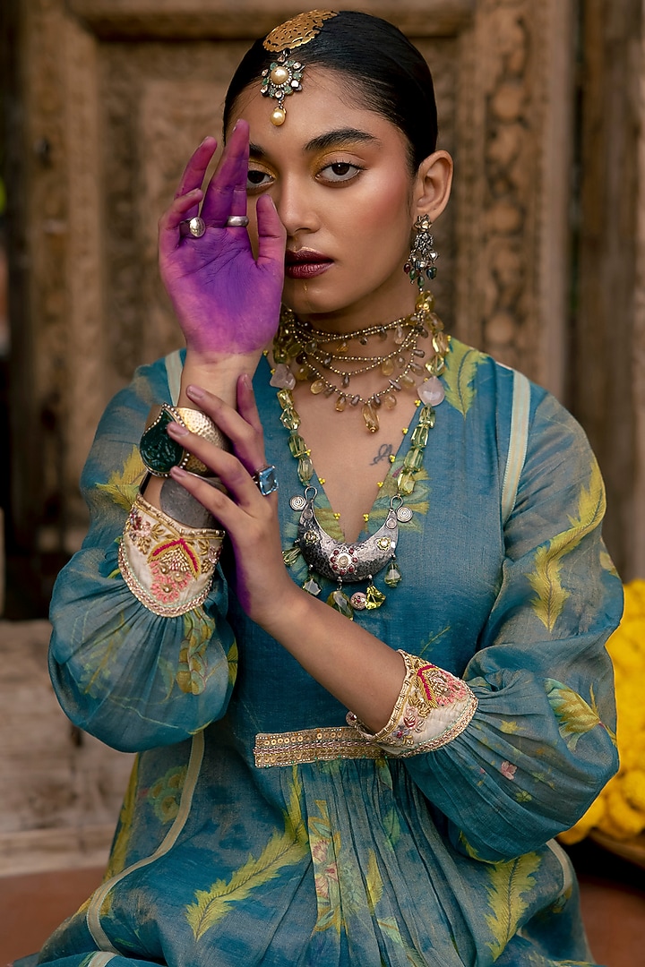 Moonlight Blue Chanderi Tissue Hand Embroidered Kurta Set by Raji ramniq at Pernia's Pop Up Shop