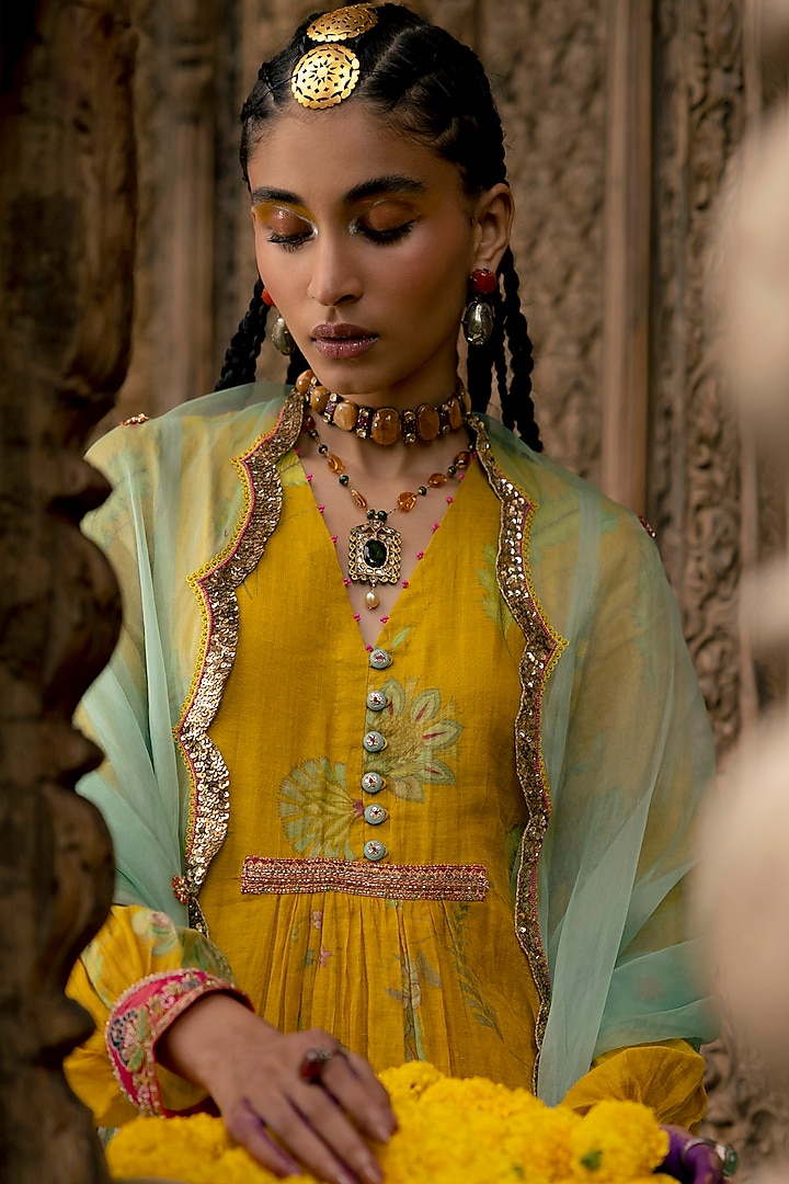 Lime Yellow Chanderi Tissue Printed & Embroidered Kurta Set by Raji ramniq at Pernia's Pop Up Shop