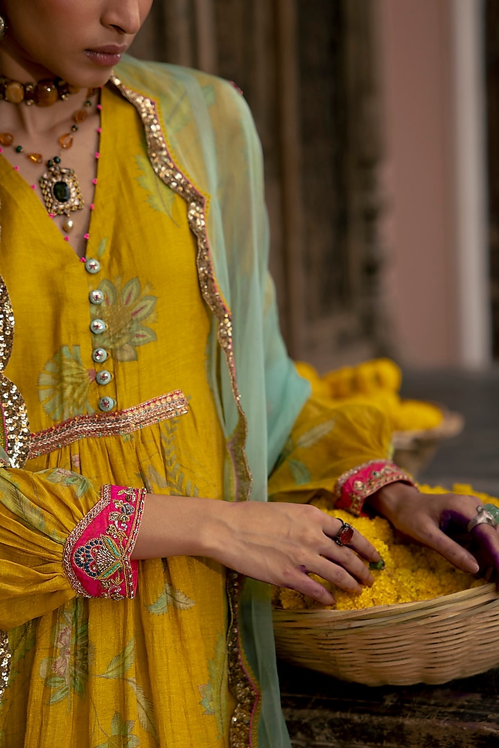 Lime Yellow Chanderi Tissue Printed & Embroidered Kurta Set by Raji ramniq at Pernia's Pop Up Shop