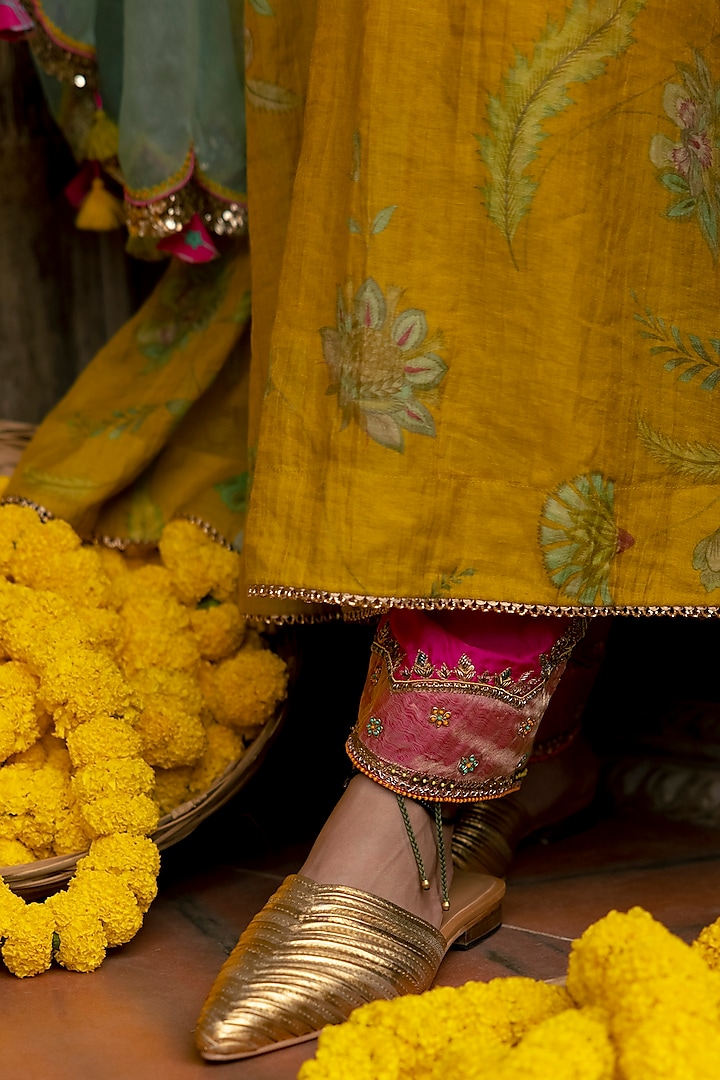 Lime Yellow Chanderi Tissue Printed & Embroidered Kurta Set by Raji ramniq at Pernia's Pop Up Shop