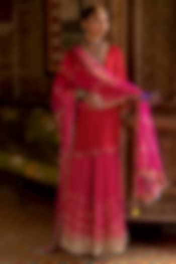 Magenta Silk Embroidered Wedding Sharara Set by Raji Ramniq at Pernia's Pop Up Shop