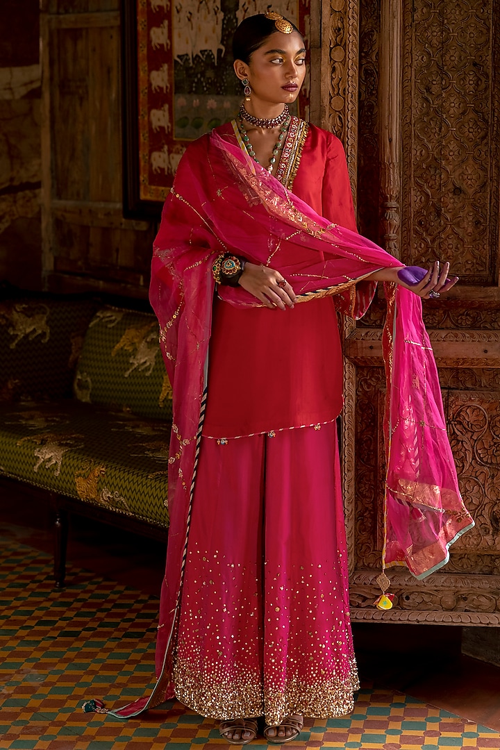 Magenta Silk Embroidered Wedding Sharara Set by Raji Ramniq at Pernia's Pop Up Shop
