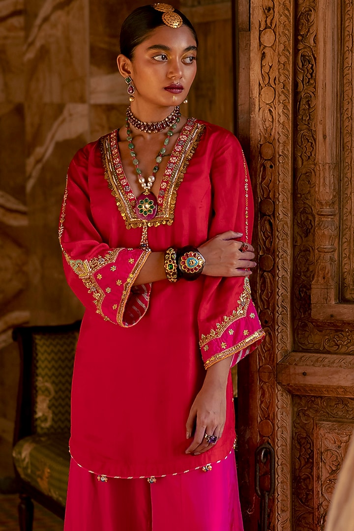 Magenta Silk Embroidered Wedding Sharara Set by Raji Ramniq at Pernia's Pop Up Shop