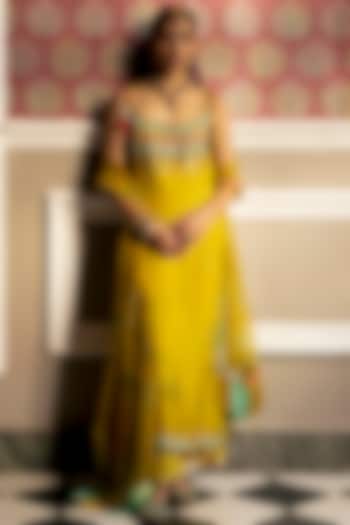 Lime Yellow Organza Embroidered & Printed Kurta Set by Raji ramniq at Pernia's Pop Up Shop