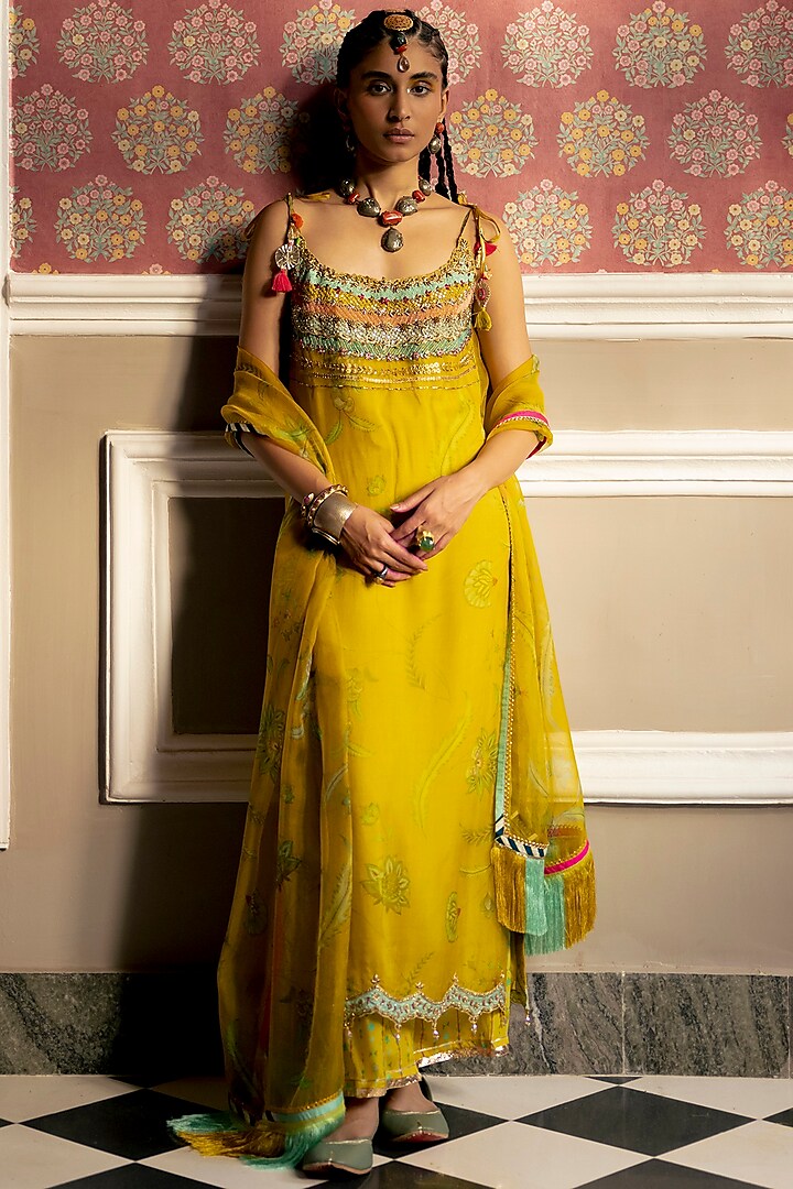 Lime Yellow Organza Embroidered & Printed Kurta Set by Raji ramniq at Pernia's Pop Up Shop